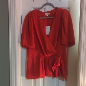 Red Wrap Blouse with Tie Waist
